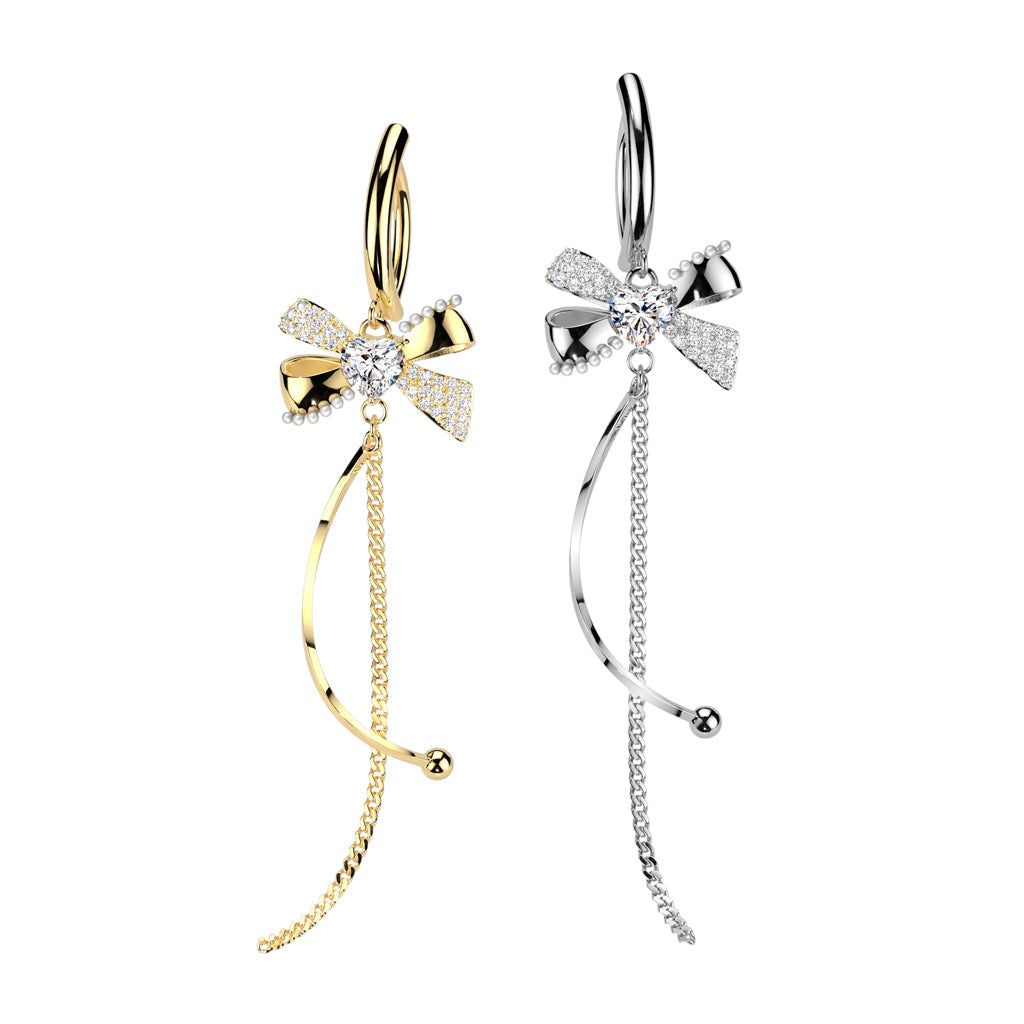 316L Surgical Steel Hinged Belly Button Ring With CZ and Pearl Bow With...