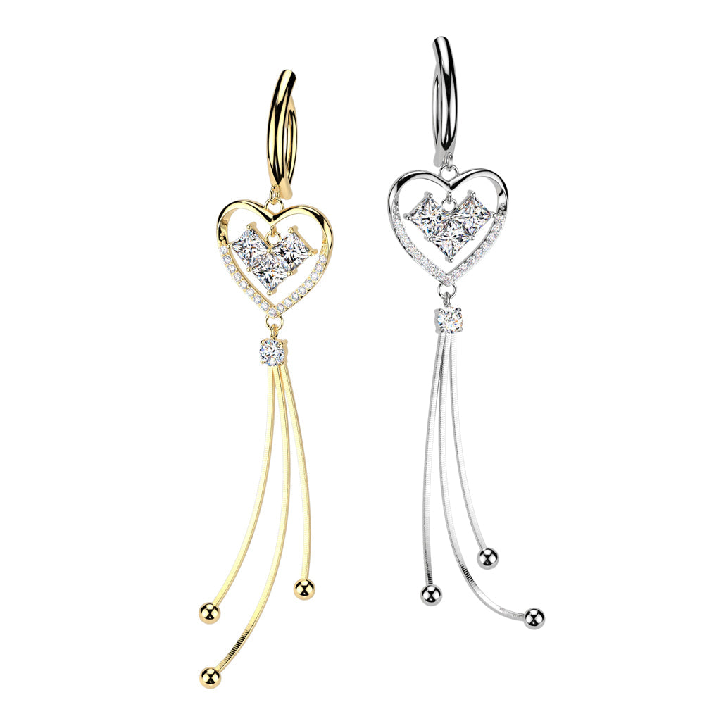 316L Surgical Steel Hinged Belly Button Ring With Square CZ Heart...