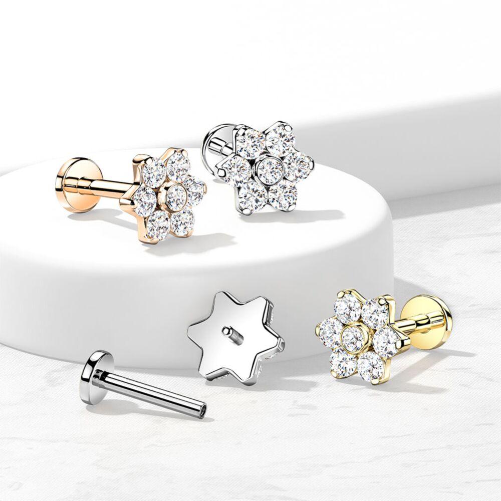 Implant Grade Titanium Internally Threaded CZ Flower Top Labret With...