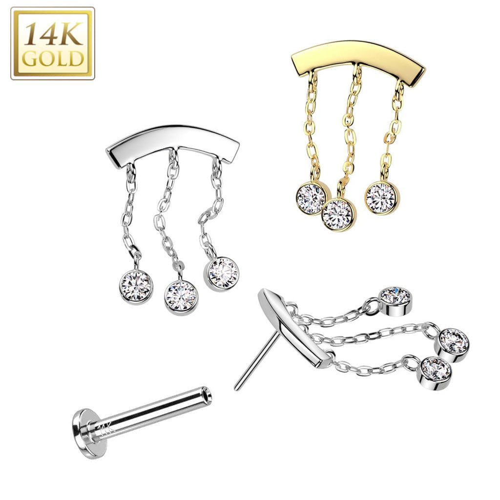 14K Gold Threadless Push In Curved Bar Top With Triple CZ Chain Dangle
