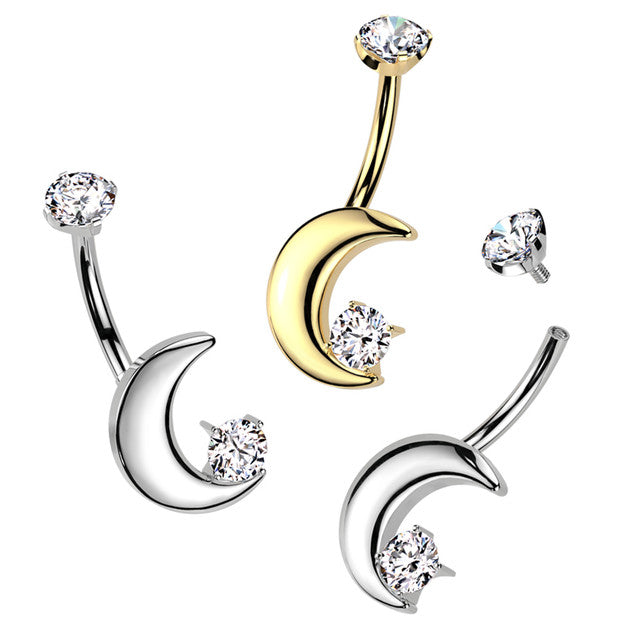 Implant Grade Titanium Internally Threaded Crescent Moon With CZ and Round CZ Prong Set Top Belly Button Ring