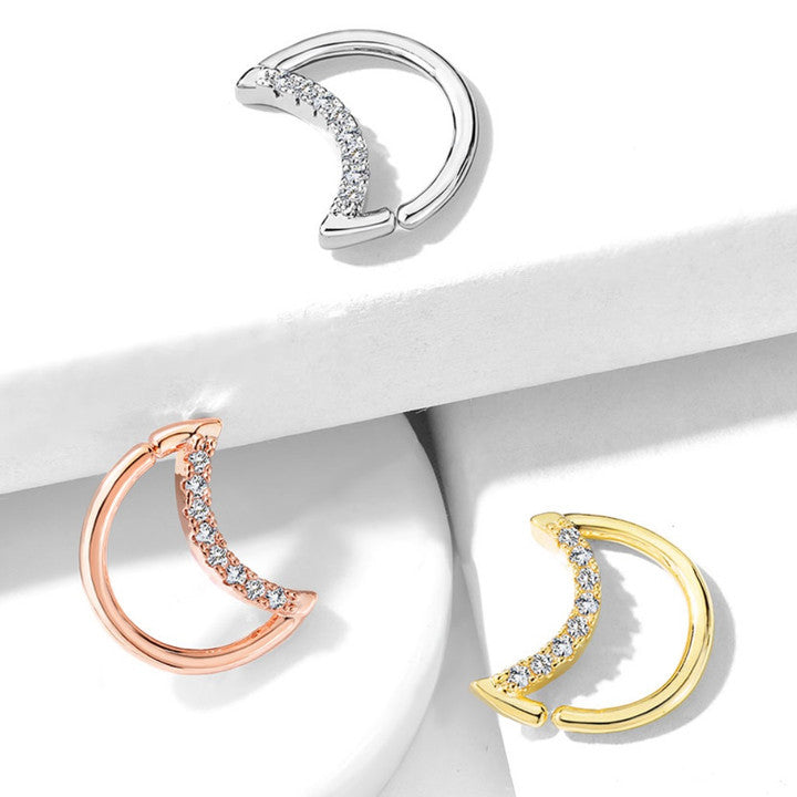 Brass Crystal Lined Crescent Moon Shaped 316L Surgical Steel Ear...