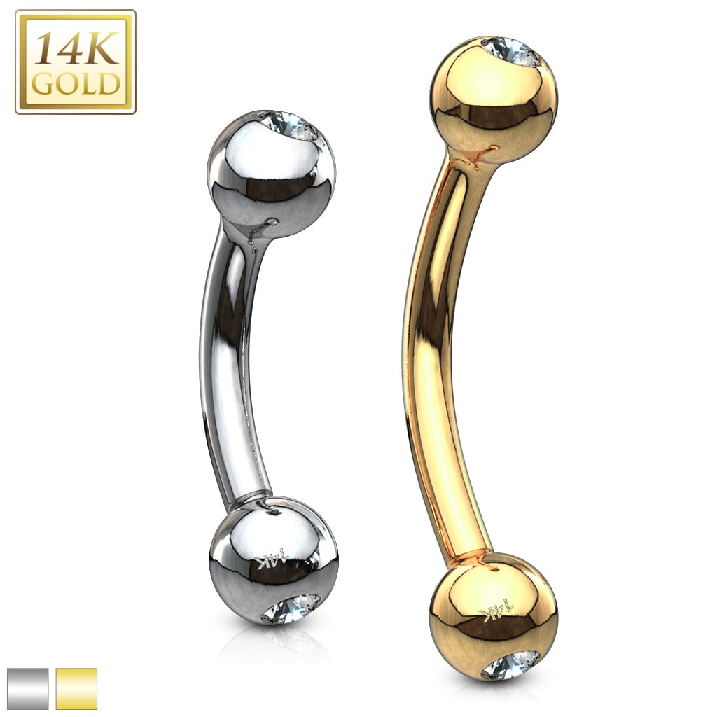 14KT Gold CZ Gem Ball Eyebrow Curve Ring 14 Karat Solid Gold