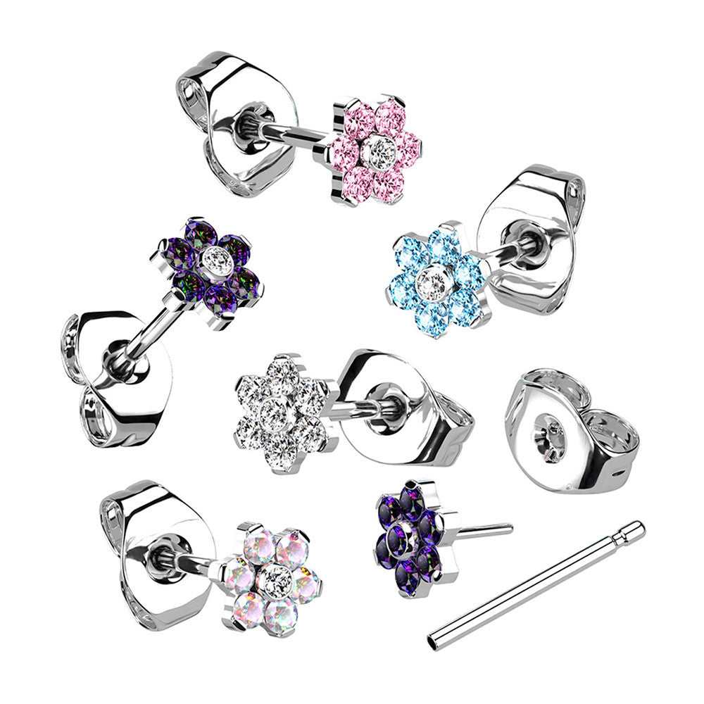 1pc Implant Grade Titanium Threadless Earring Stud With CZ Flower Top