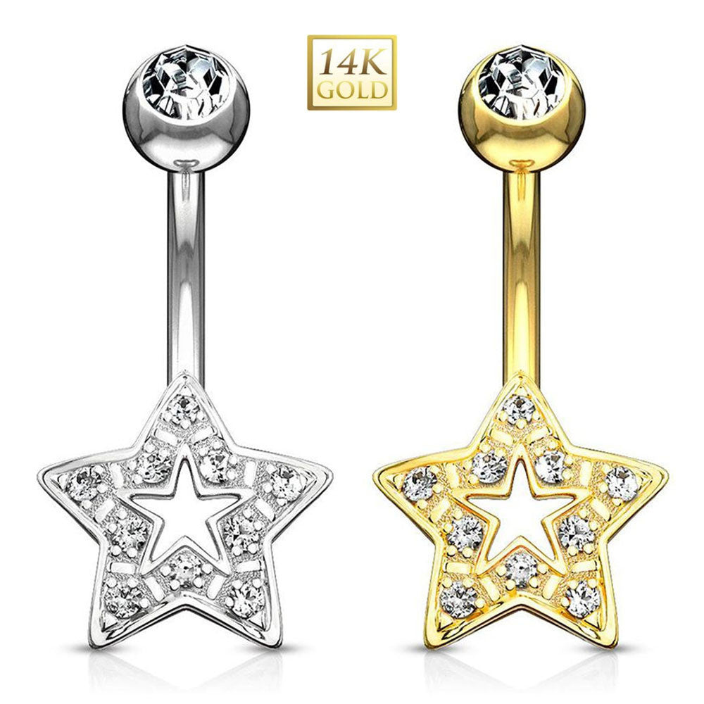 14KT Gold Star Charm Clear CZ 14 Karat Solid Gold Navel Ring