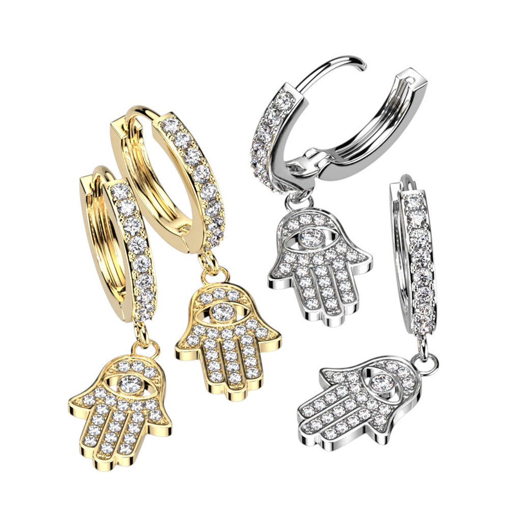 316L Surgical Steel Pair of CZ Paved Front With CZ Paved Hamsa Dangle...