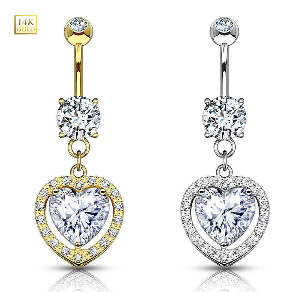 14KT Gold Heart Charm Clear CZ 14 Karat Solid Gold Navel Ring