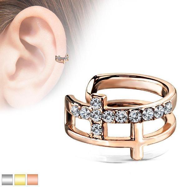 Brass Double Cross CZ Paved Non-Piercing Ear Cuff