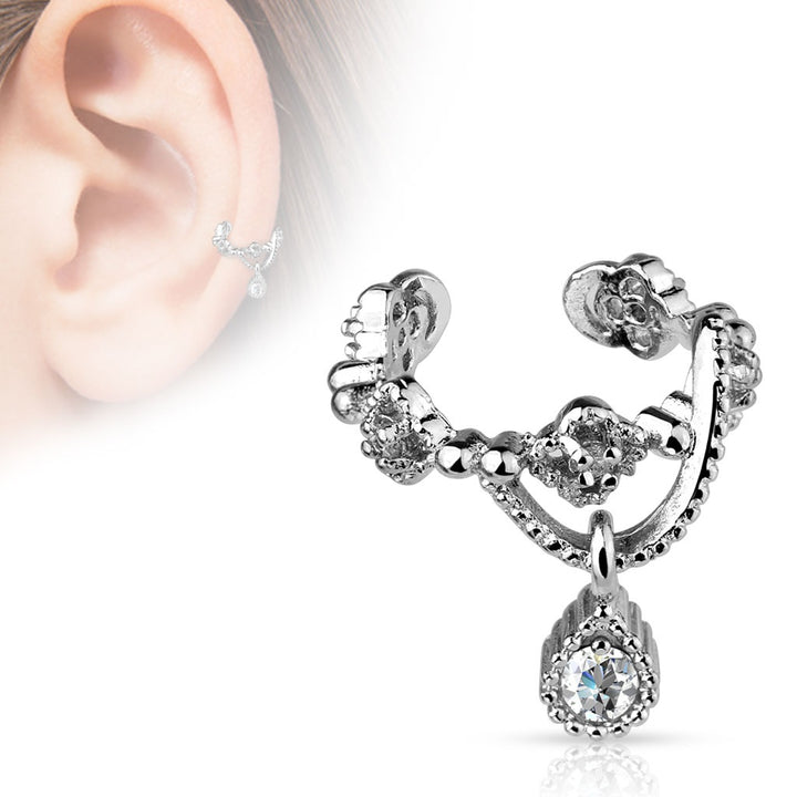 Gorgeous Chain With Gem Dangle Rhodium Plated Brass Non-Piercing Ear Cuff