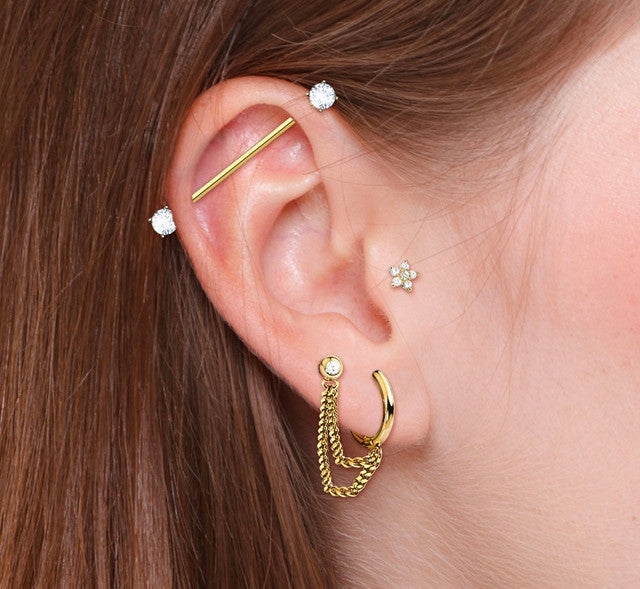 Prong Set CZ Industrial Barbell, Double Chain Link Barbell and Hoop, CZ Flower Labret Stud 316L Surgical Steel Ear Cartilage Mix