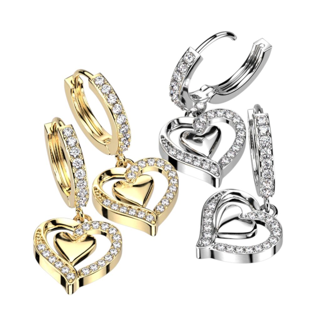 316L Surgical Steel Pair of CZ Paved Front With CZ Paved Heart Dangle...