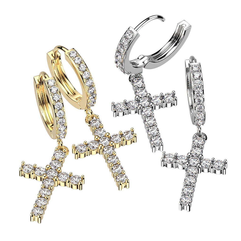 316L Surgical Steel Pair of CZ Paved Front With CZ Paved Cross Dangle...