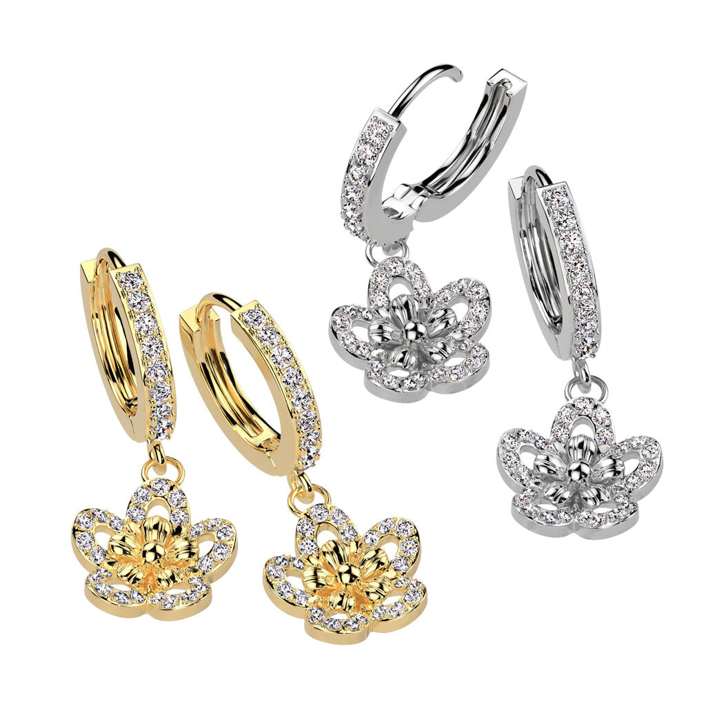316L Surgical Steel Pair of CZ Pave Front With CZ Pave Flower Dangle...