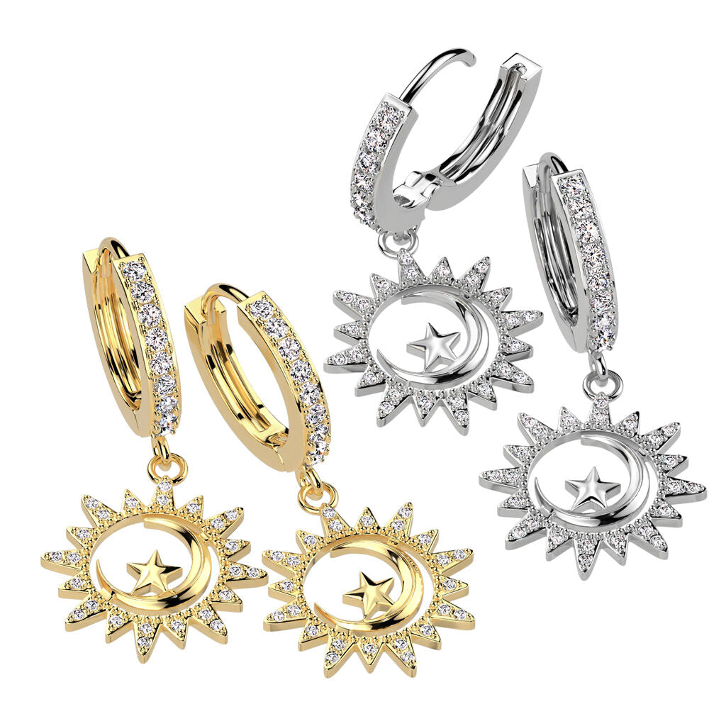 316L Surgical Steel Pair of CZ Pave Front With CZ Pave Sun and Crescent...