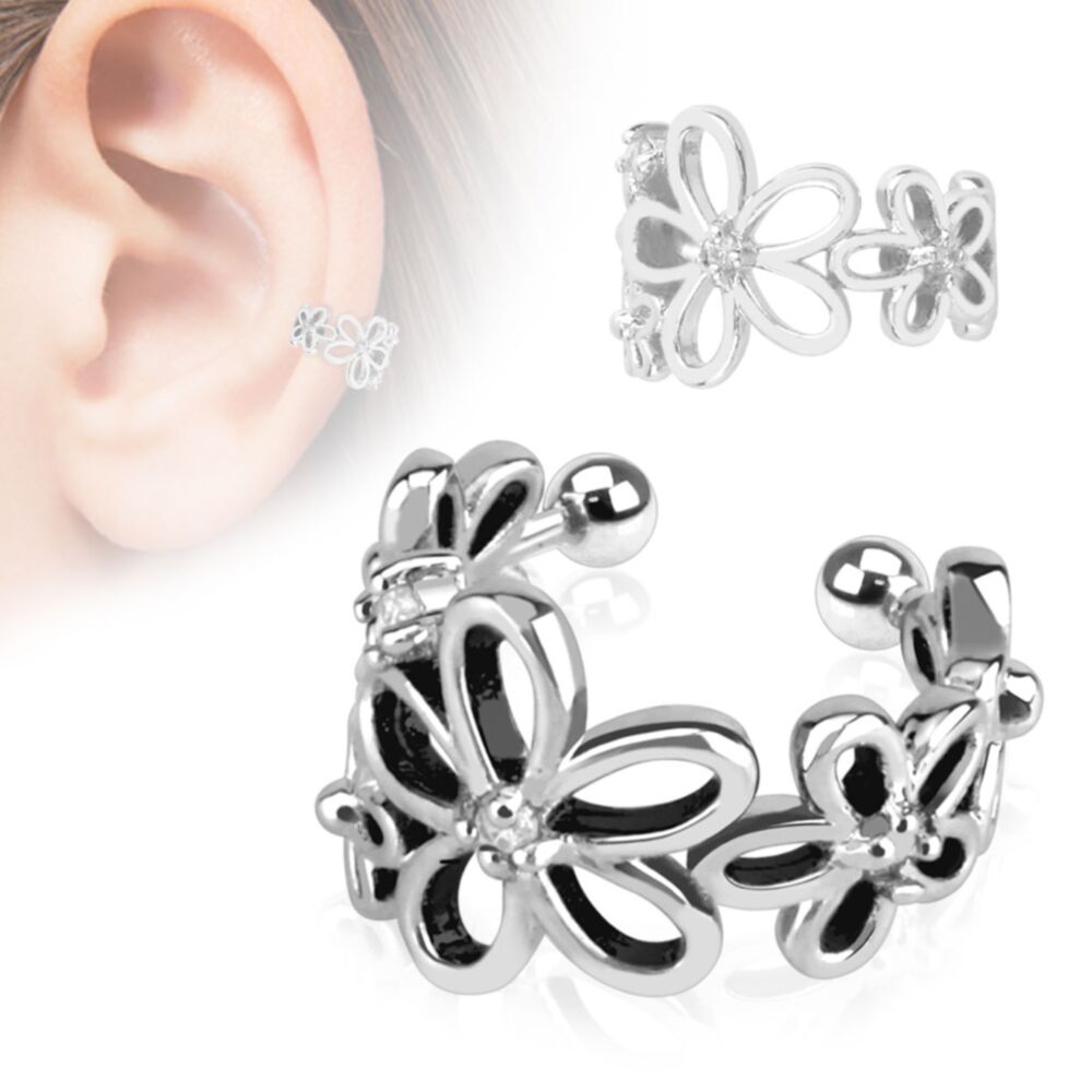 Flower With Clear CZ Rhodium Plated Brass Non Piercing Ear Cuff