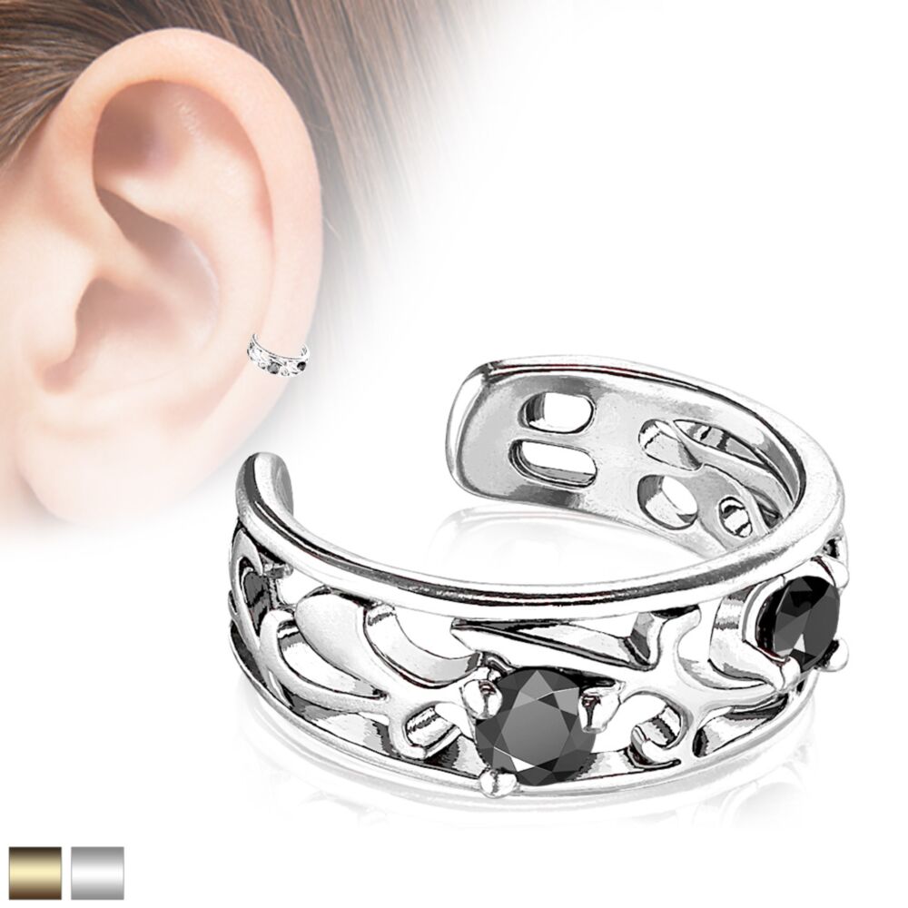 Brass Filigree Branch Cut Out With Prong Set Black CZ Non-Piercing Ear Cuff