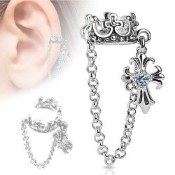 Crown With Chain and Clear CZ Stud Cross Dangle Rhodium Plated Brass...