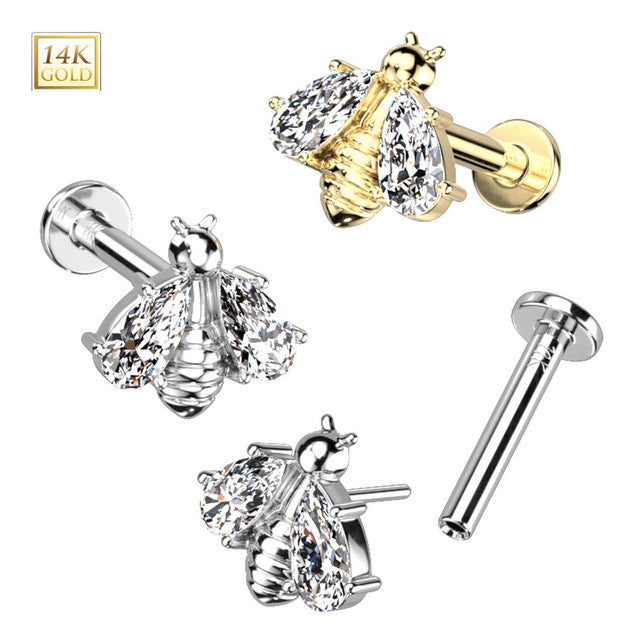 14K Gold Threadless Labret/Flat Back Stud With Bee and CZ Wings Top
