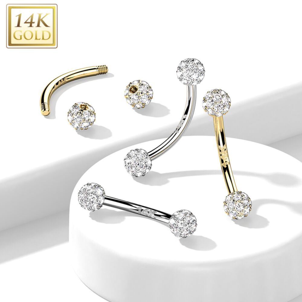 14KT Gold 14K Gold Curved Eyebrow Barbell with CZ Paved Balls