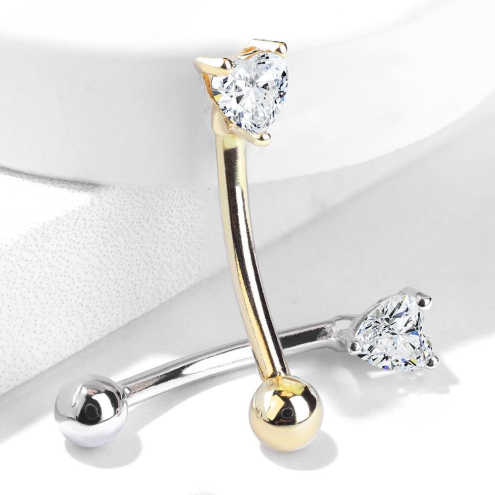14KT Gold 14 Kt. Gold Heart CZ Prong Set Top 16ga Eyebrow Curved Rings