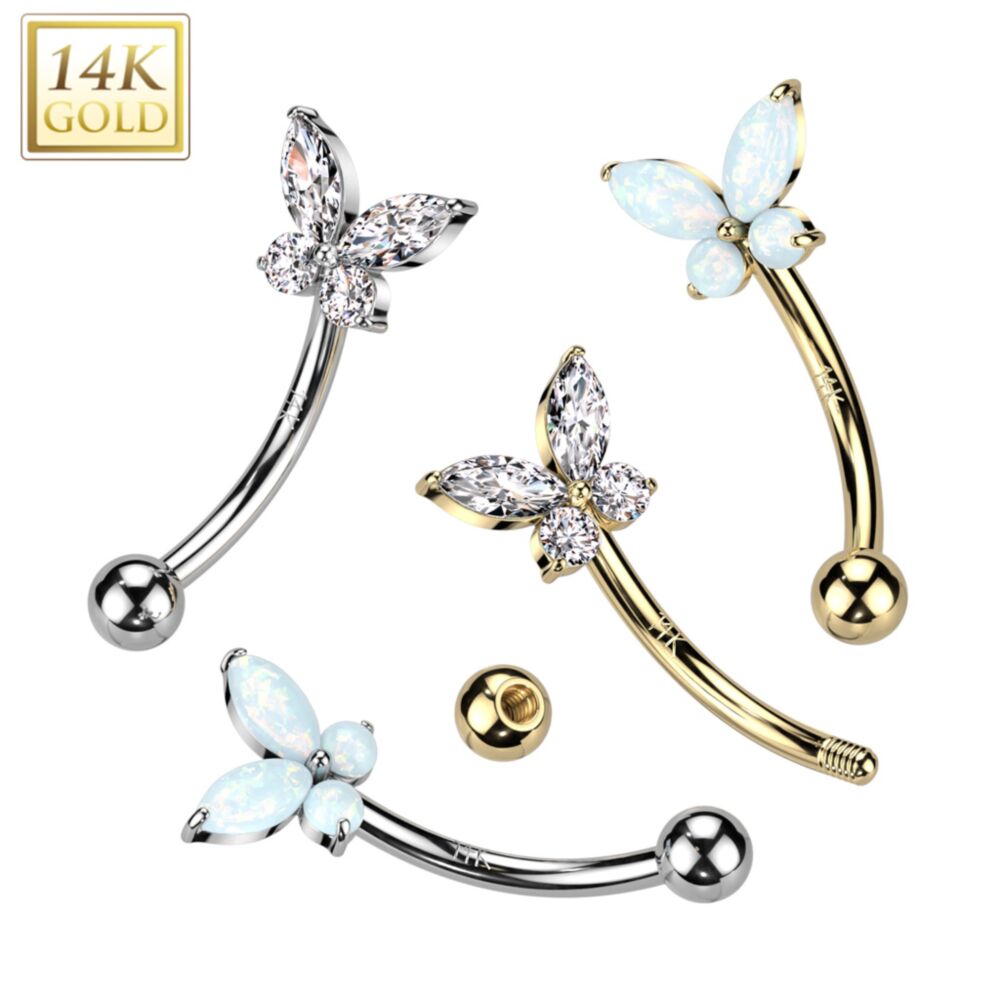 14KT Gold 14K Gold Curved Eyebrow CZ or Opal Butterfly Ring
