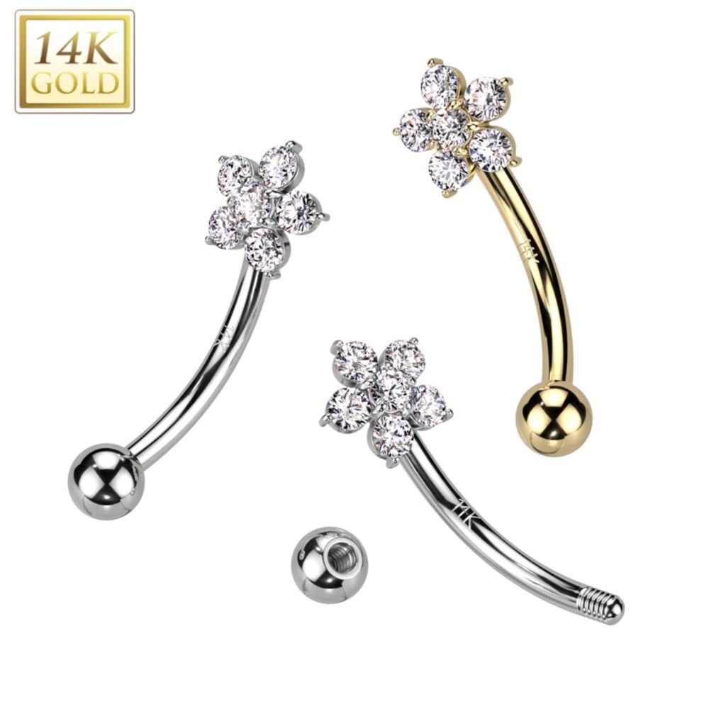 14KT Gold 14K Gold CZ Flower Curved Eyebrow Ring