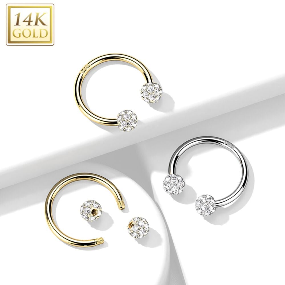 14KT Gold 14K Gold Circular Barbell/Horseshoe with CZ Paved Balls