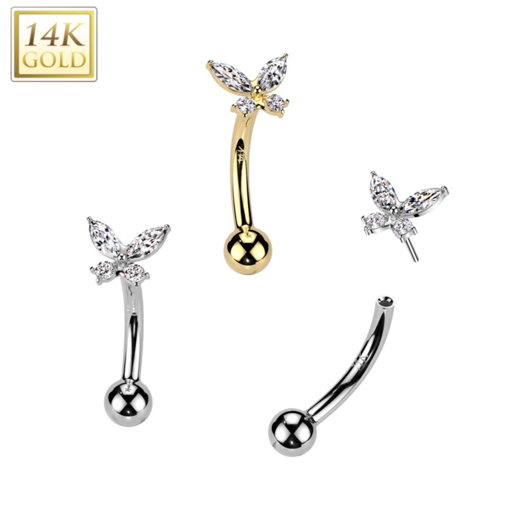 14KT Gold 14K Gold Threadless Push In Curved Eyebrow Barbell With CZ...