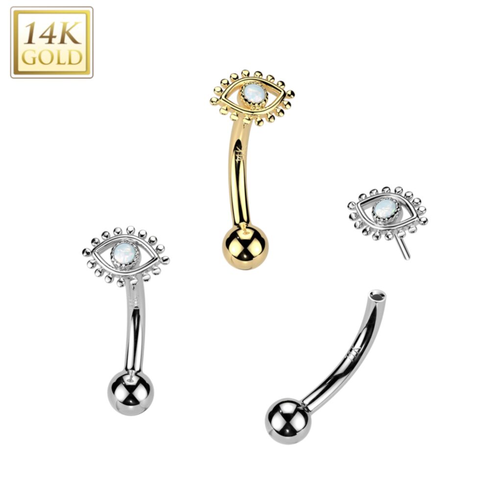14KT Gold 14K Gold Threadless Push In Curved Eyebrow Barbell With Opal...