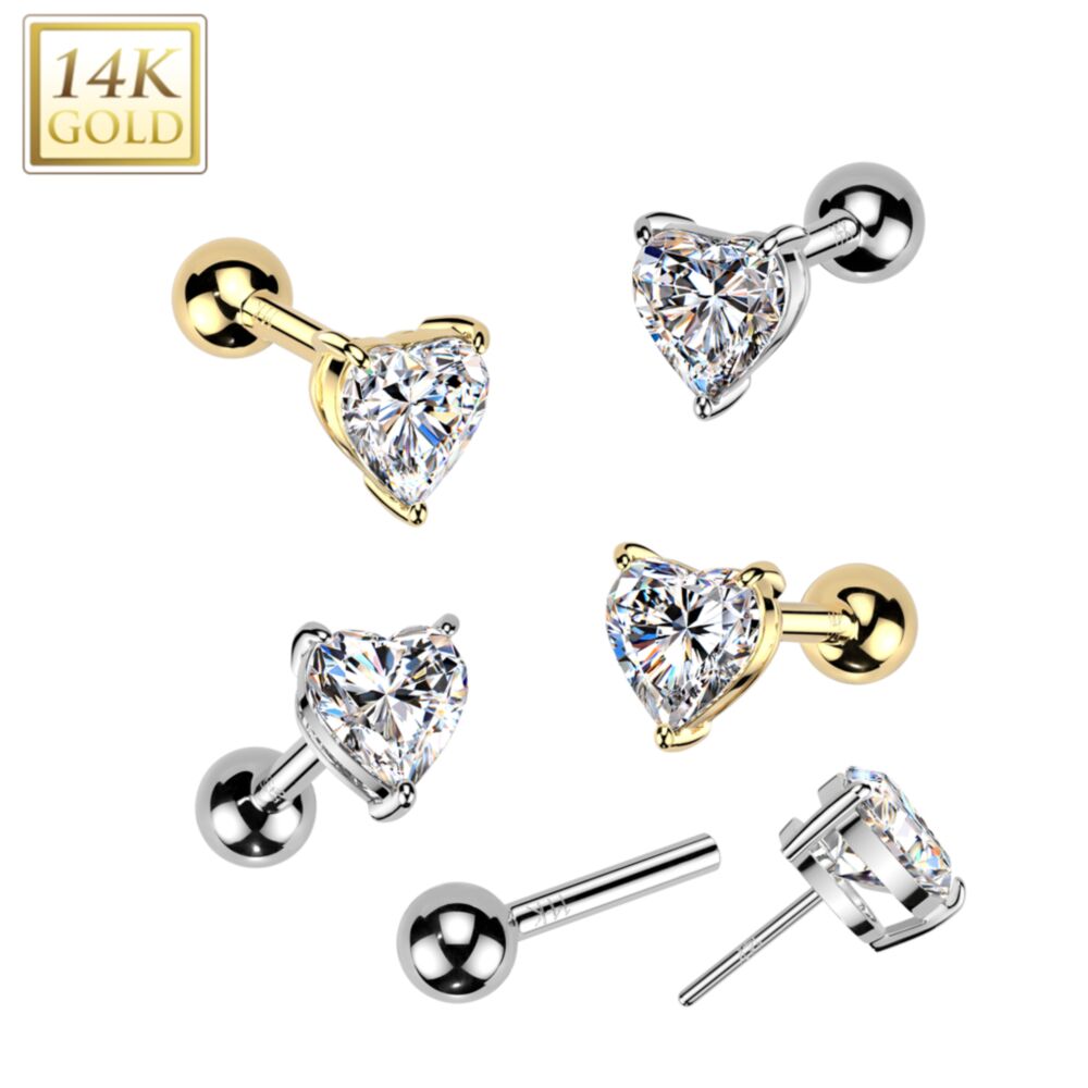 14K Gold Threadless Push-In Cartilage Barbell Stud With Prong Set Heart CZ Top