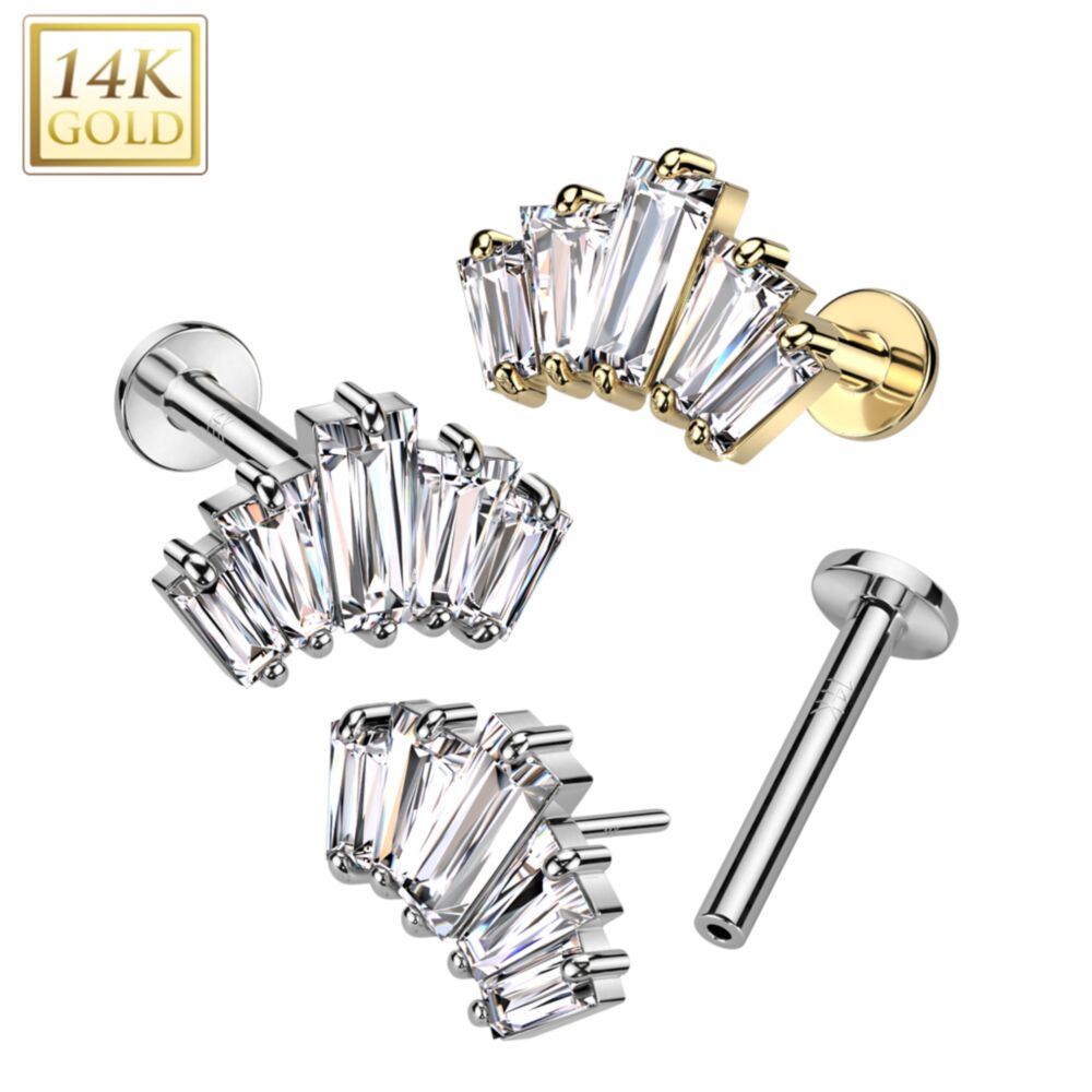 14KT Gold 14K Gold Threadless Labret/Flat Back Stud With 5 Baguette CZ...
