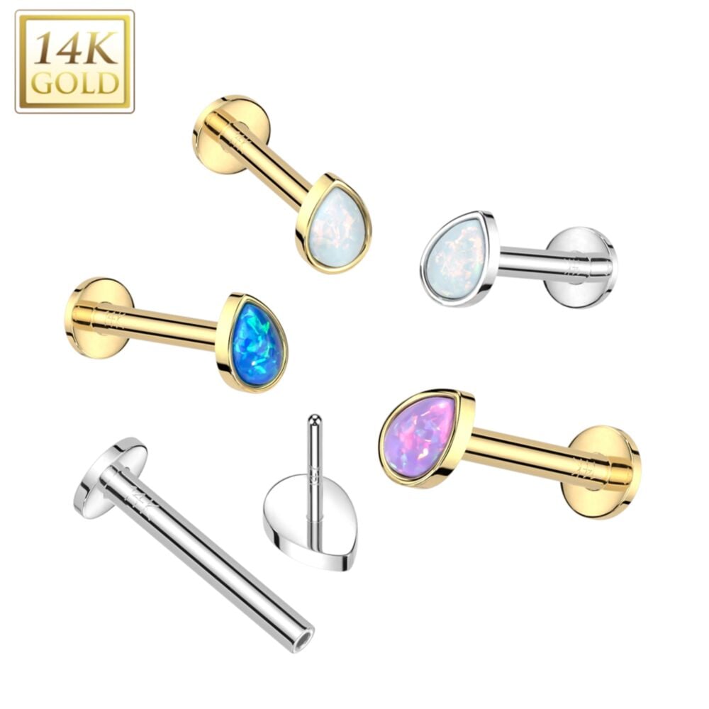 14K Gold Threadless Labret/Flat Back Stud With Pear Opal Top