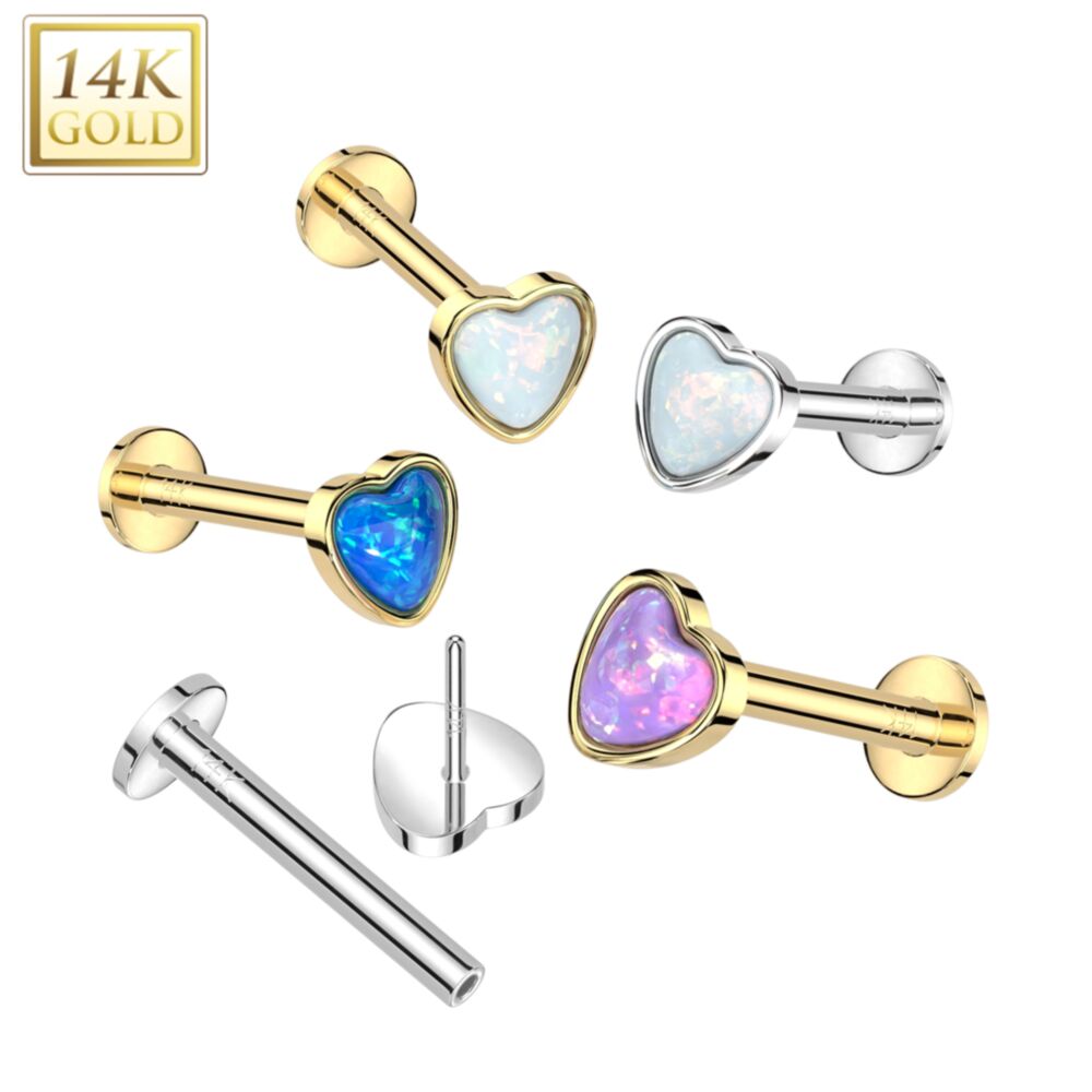14KT Gold 14K Gold Threadless Labret/Flat Back Stud With Heart Opal Top