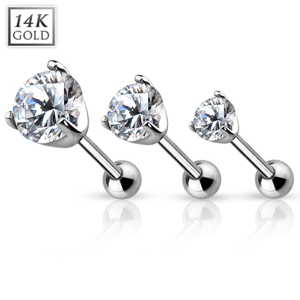 14KT Gold 14Kt. White Gold Cartilage/Tragus Barbell with Prong Set CZ Top
