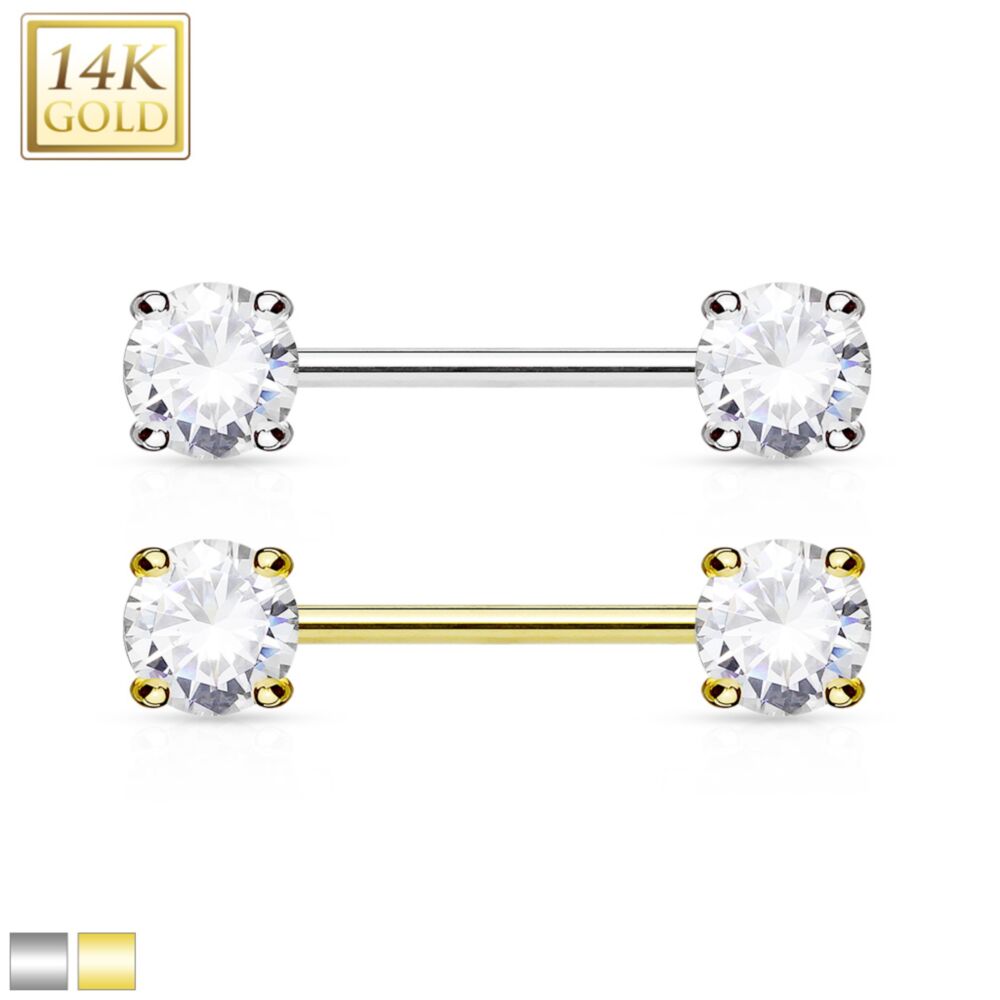 14KT Gold Double Prong Set AAA CZ 14K Gold Nipple Bar