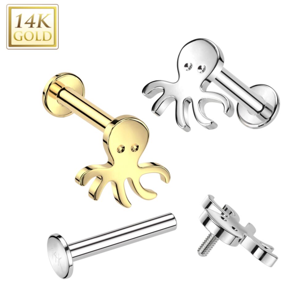 14KT Gold 14K Gold Internally Threaded Labret With Octopus Top