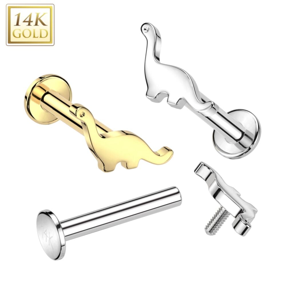 14K Gold Internally Threaded Labret With Dinosaur Top