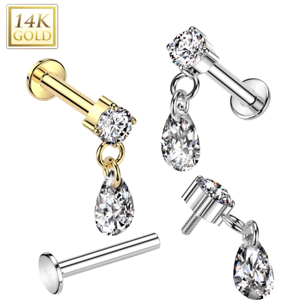 14KT Gold 14K Gold Internally Threaded Labret With Prong Set CZ Top...