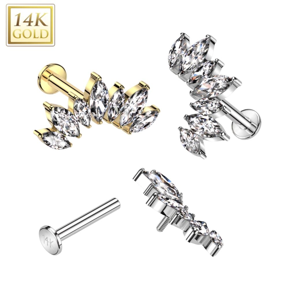 14K Gold Internally Threaded Labret With 7 Marquise CZ Fan Top