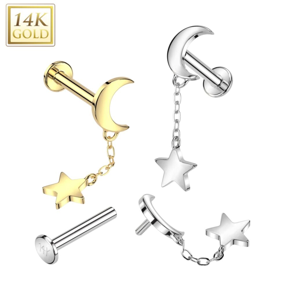 14K Gold Internally Threaded Labret With Crescent Moon Top and Star Dangle