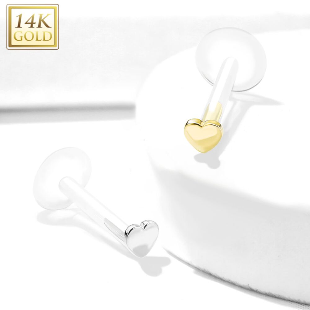 14KT Gold 14K Gold Heart Top Bio Flex Flat Back Studs for Labret,...