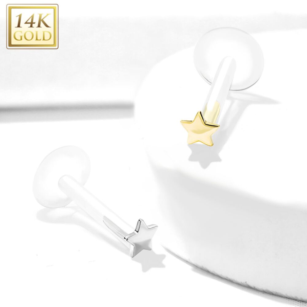 14KT Gold 14K Gold Star Top Bio Flex Flat Back Studs for Labret,...