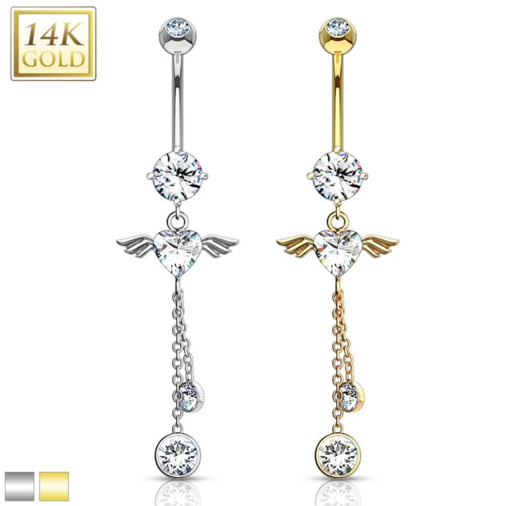 14KT Gold 14K Gold Navel Ring With Angel Wing Heart CZ Dangle
