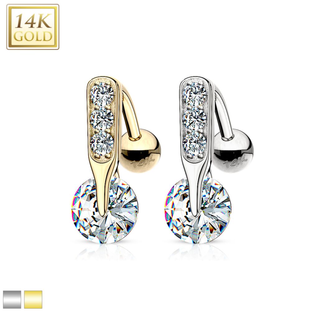 14KT Gold 14K Gold CZ Bar Prong Top Down Navel Ring