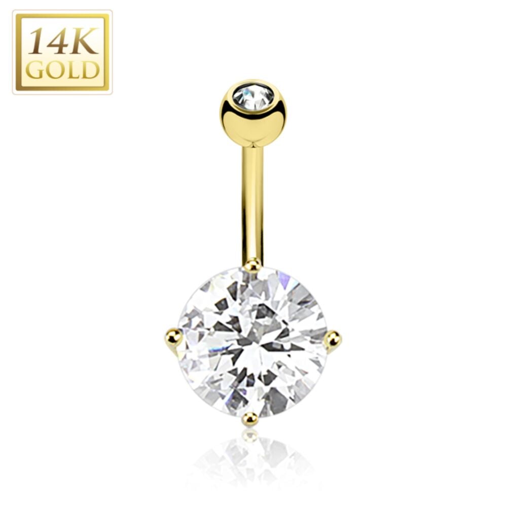 14KT Gold 14K Gold Cubic Zirconia Round Prong Set Navel Belly Button Ring