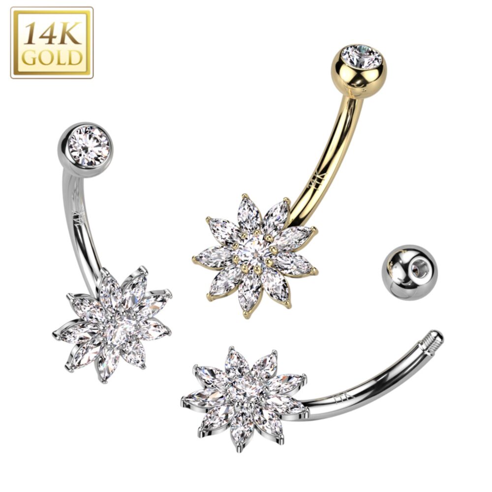 14KT Gold 14K Gold CZ Flower Navel Belly Button Ring