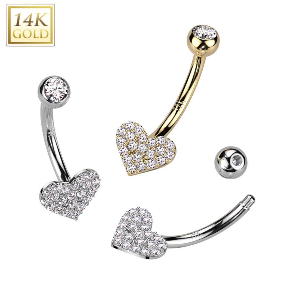 14KT Gold 14K Gold Heart CZ Pave Belly Button Navel Ring