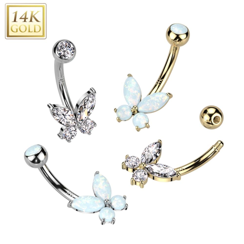 14KT Gold 14K Gold CZ or Opal Butterfly Belly Button Navel Ring