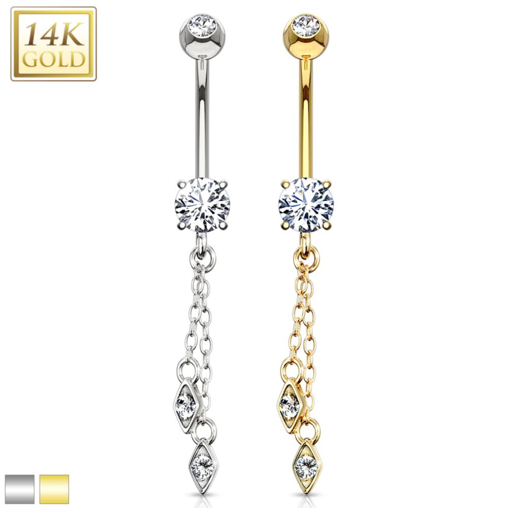 14KT Gold 14K Gold Hanging Jeweled Dangle CZ Prong Navel Belly Button Ring
