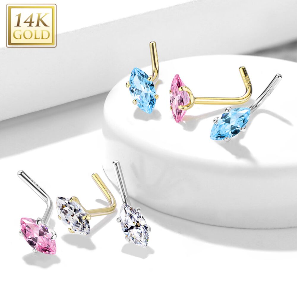 14KT Gold 14 Kt. Gold L Bend Nose Stud Rings with Prong Set Marquise CZ